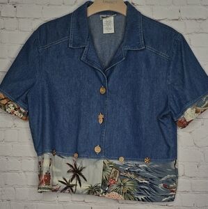 Vintage Nina Piccalino Denim Tropical Print Wood Buttons Blouse Top L